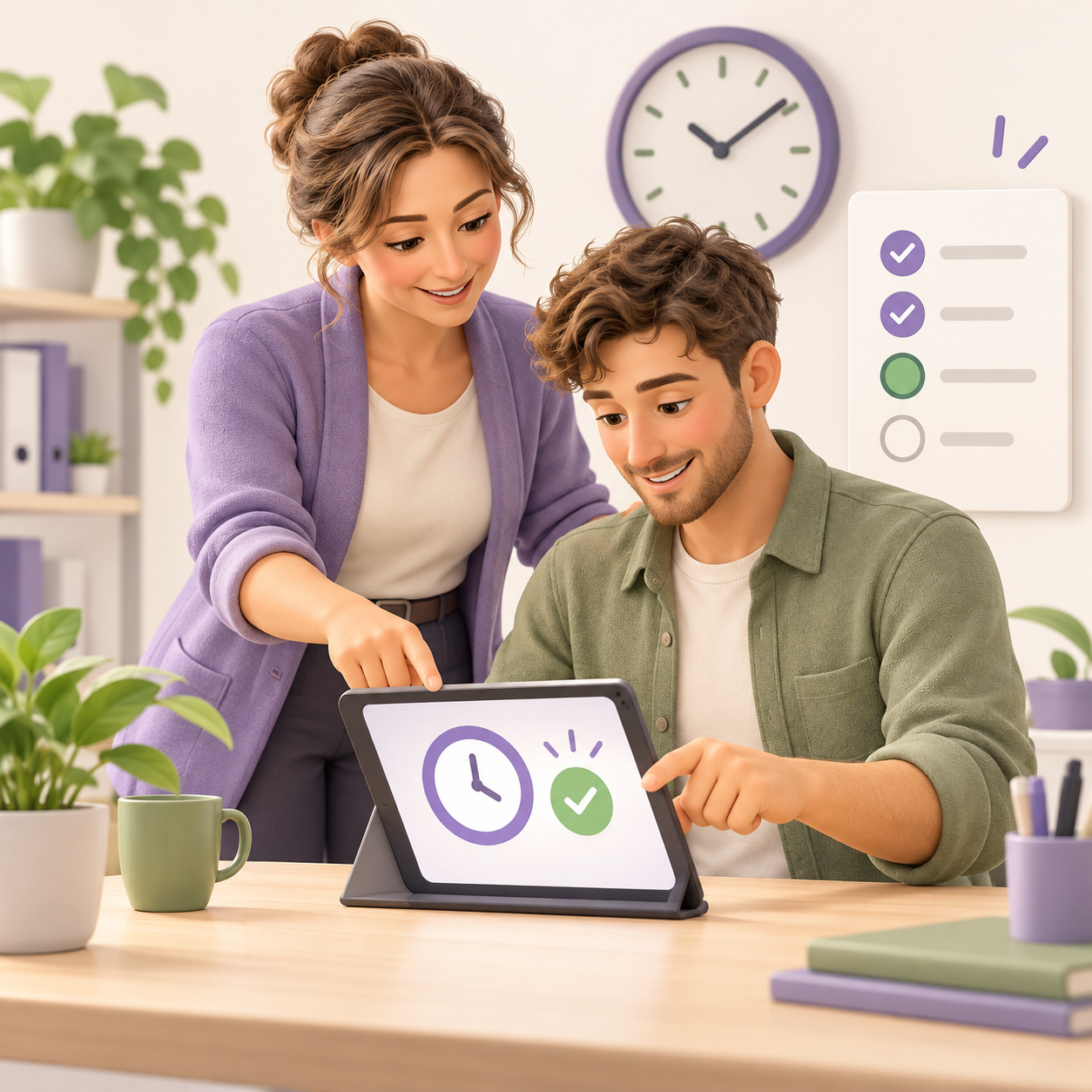 Teamleiterin erklärt einem neuen Mitarbeiter die digitale Zeiterfassung am Tablet
